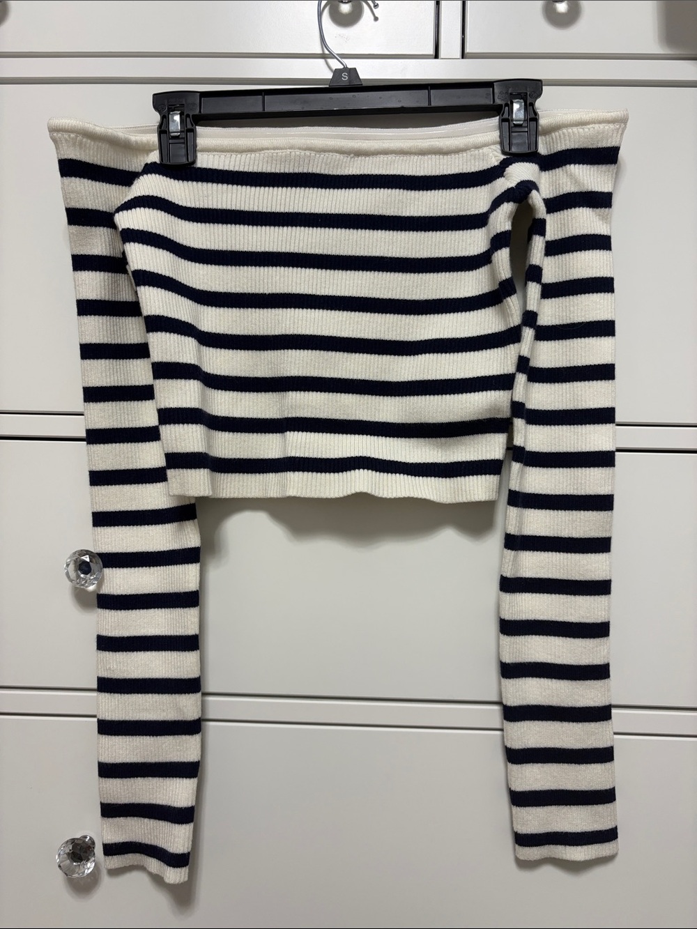 Edikted Navy and Ivory Striped Off-Shoulder Crop Top